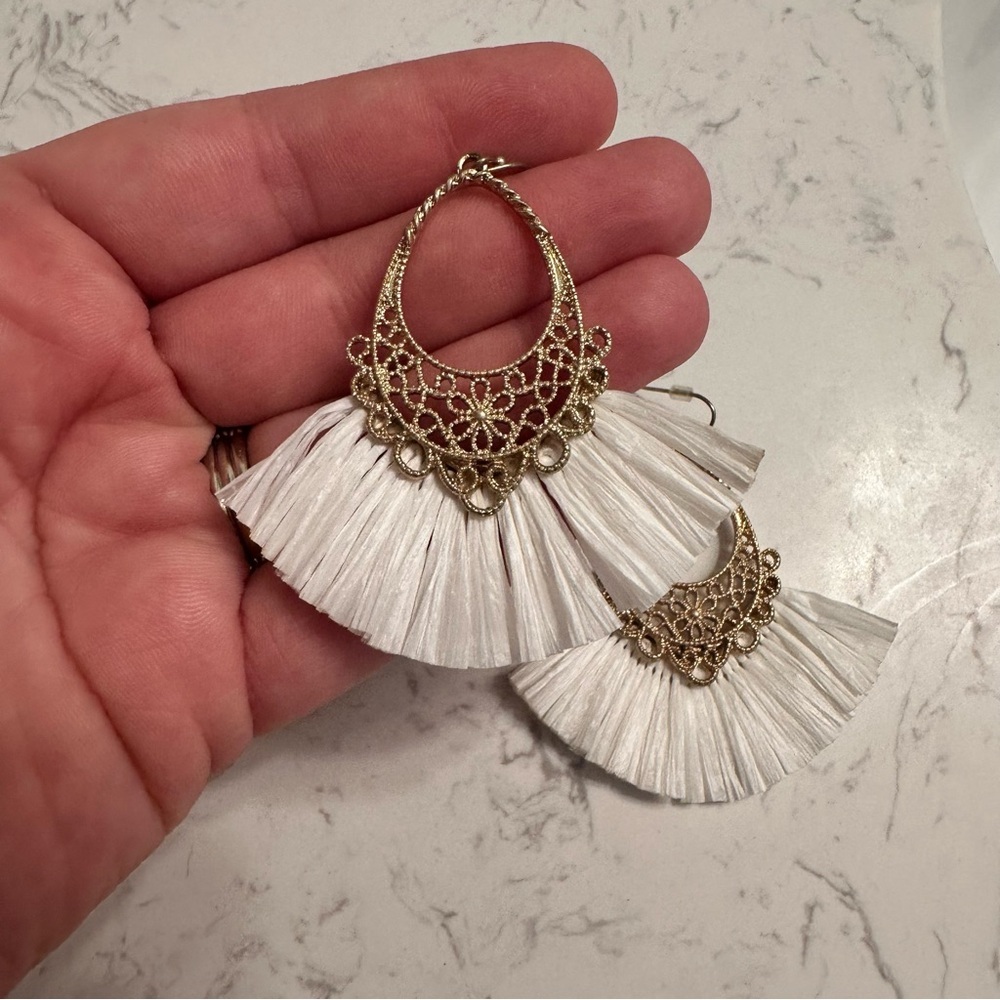 White and Gold Drop Fringe Earrings - Picture 2 of 3